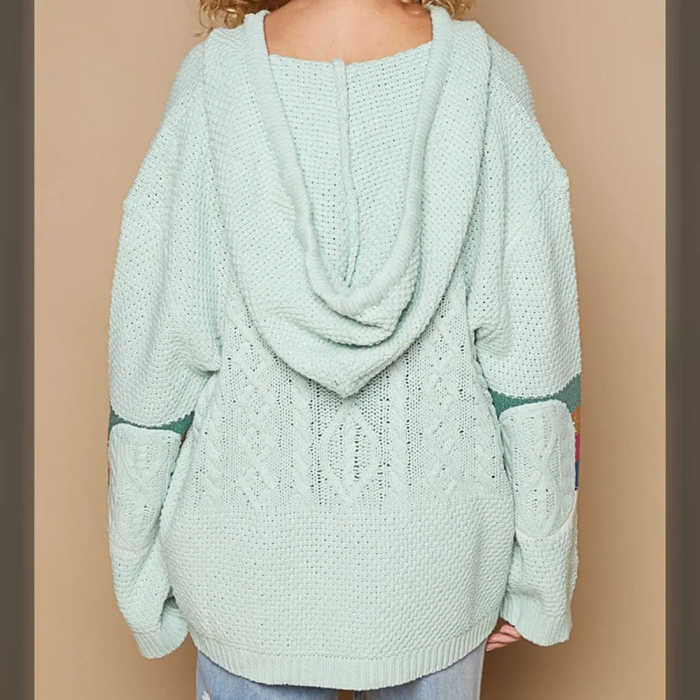 16. POL OVERSIZED Boho Planket Hoodie Balloon sleeve knit Mint - Picture 3 of 3